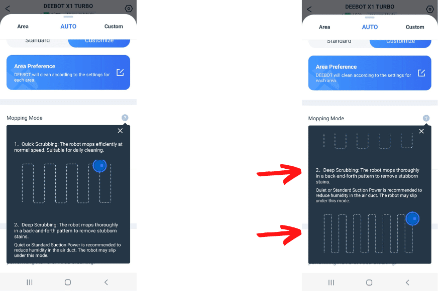 Deep Cleaning Modus wird in der Ecovacs Home App ausgewählt
